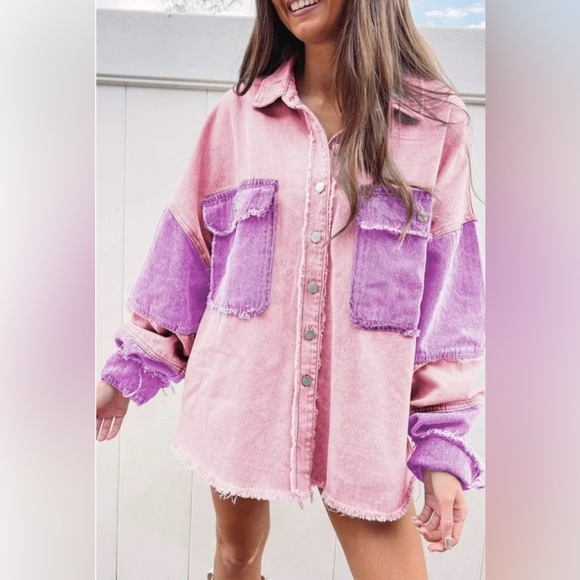 Sybaritic Color Block Button Up Raw Hem Denim Jacket - Picture 1 of 3